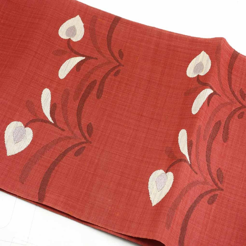 名古屋帯 リサイクル帯 幅30.5cm 長さ361cm レディース 抽象柄 夏用 正絹(シルク)レッド やや難 リメイク リユース【ランクB】