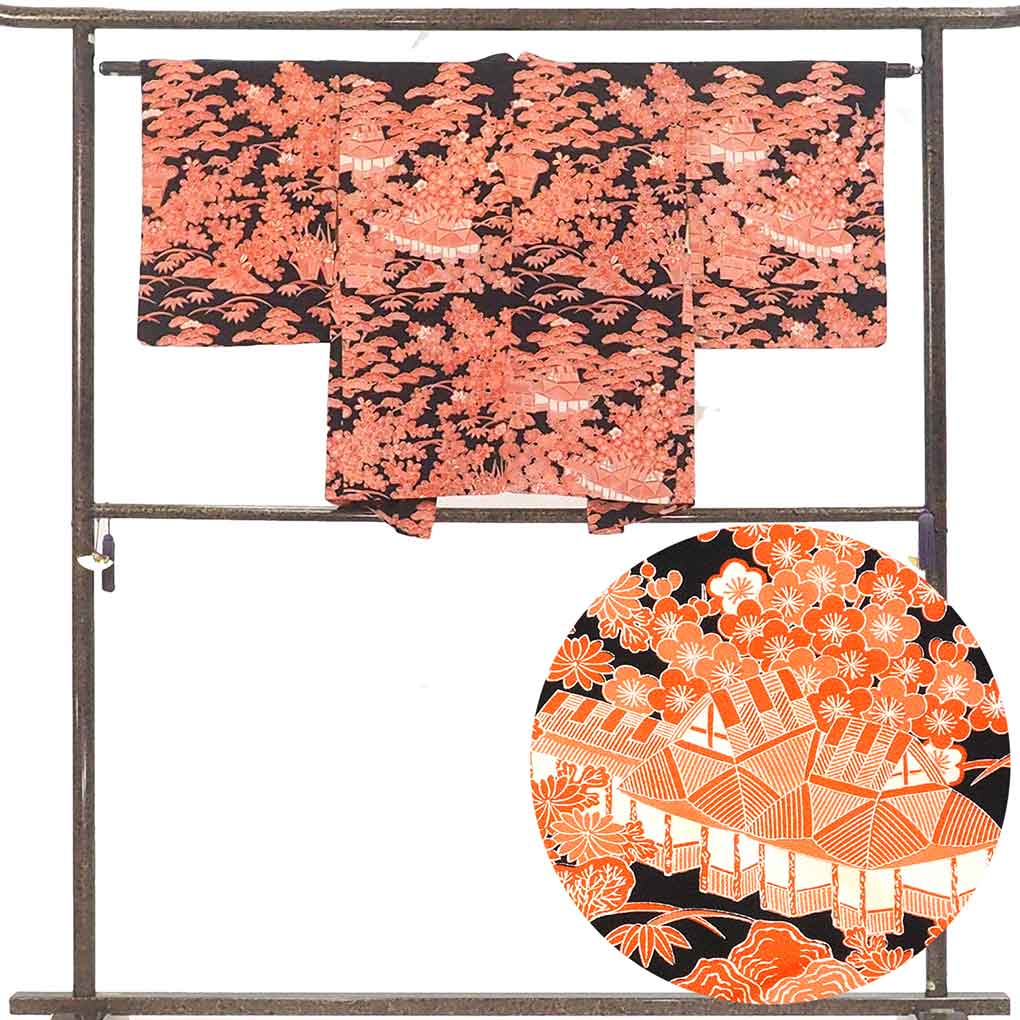 羽織 リサイクル着物 羽織丈72cm 裄62cm 袖丈48cm 袖幅33cm レディース 袷 花柄 裄Sサイズ 秋冬春用 正絹（シルク）ブラック 美品 リメイク リユース【ランクA】