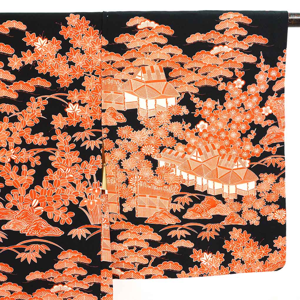 羽織 リサイクル着物 羽織丈72cm 裄62cm 袖丈48cm 袖幅33cm レディース 袷 花柄 裄Sサイズ 秋冬春用 正絹（シルク）ブラック 美品 リメイク リユース【ランクA】