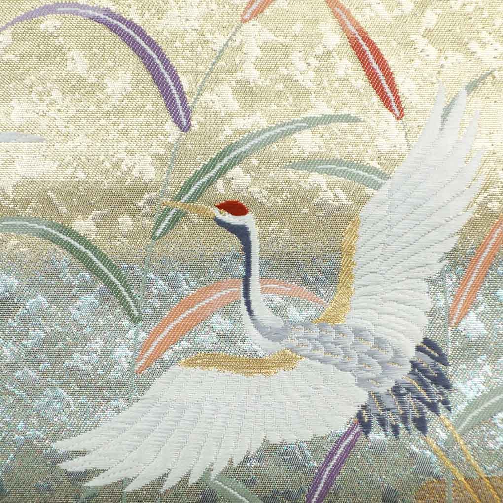 袋帯 リサイクル帯 幅30.5cm 長さ417cm レディース 鶴 秋冬春用 正絹(シルク)ゴールド 未使用品 リメイク リユース【ランクS】