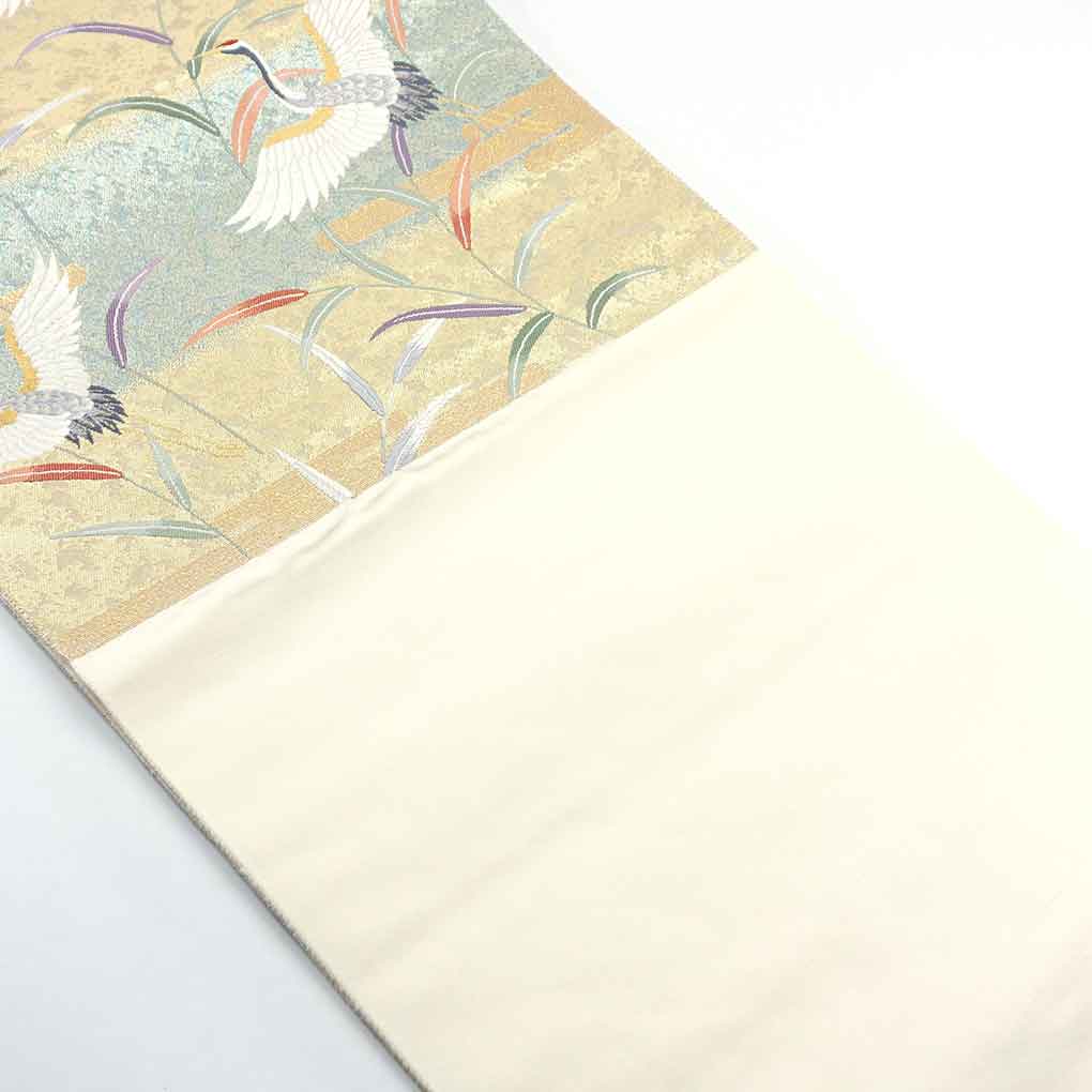 袋帯 リサイクル帯 幅30.5cm 長さ417cm レディース 鶴 秋冬春用 正絹(シルク)ゴールド 未使用品 リメイク リユース【ランクS】