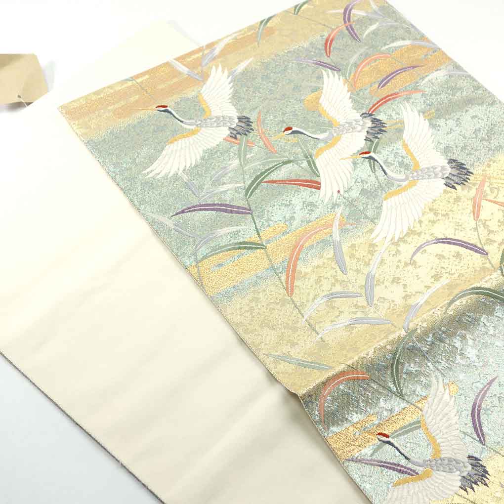 袋帯 リサイクル帯 幅30.5cm 長さ417cm レディース 鶴 秋冬春用 正絹(シルク)ゴールド 未使用品 リメイク リユース【ランクS】