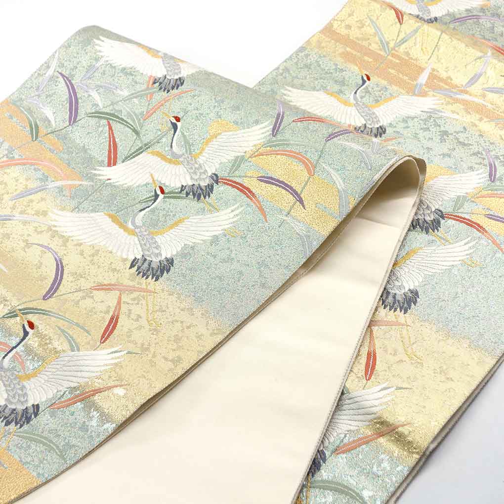 袋帯 リサイクル帯 幅30.5cm 長さ417cm レディース 鶴 秋冬春用 正絹(シルク)ゴールド 未使用品 リメイク リユース【ランクS】