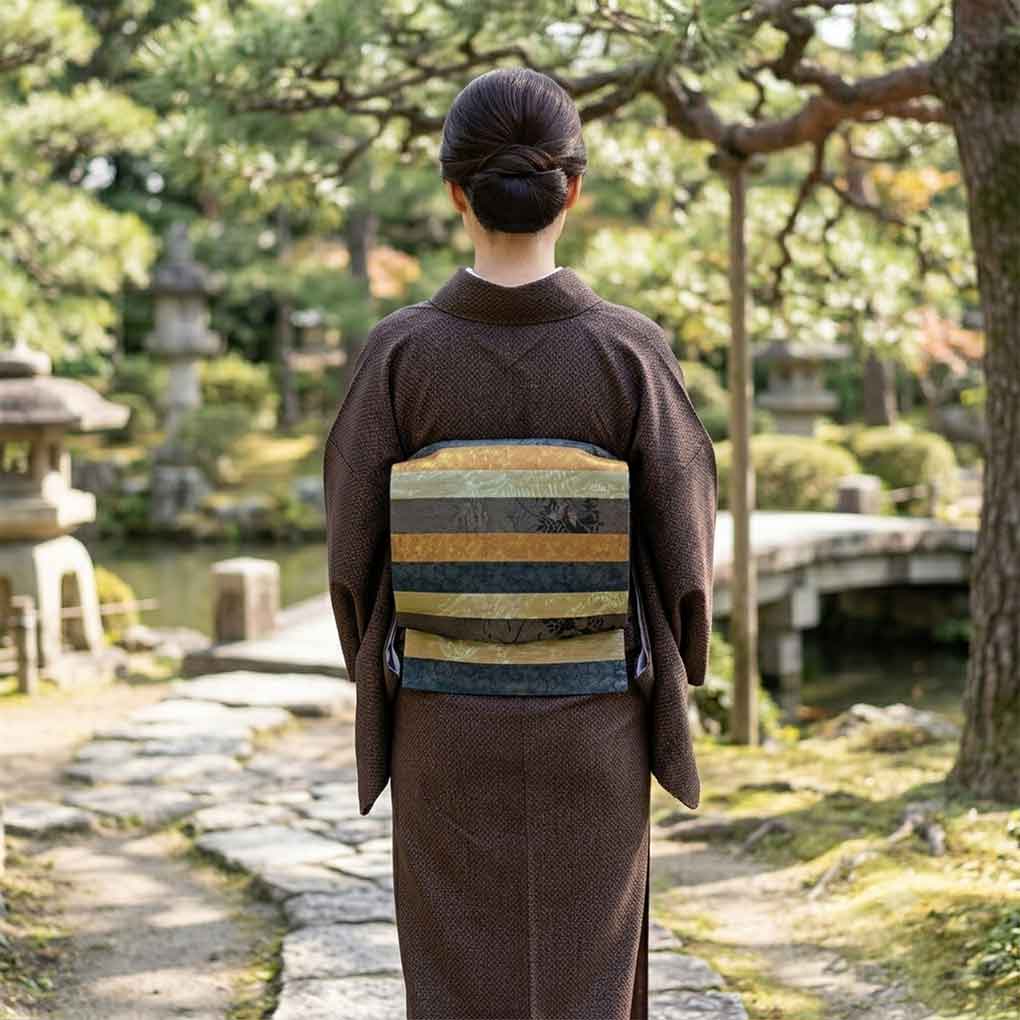 袋帯 リサイクル帯 幅31cm 長さ430cm レディース 横段柄 秋冬春用 正絹（シルク）ネイビー やや難 リメイク リユース【ランクB】