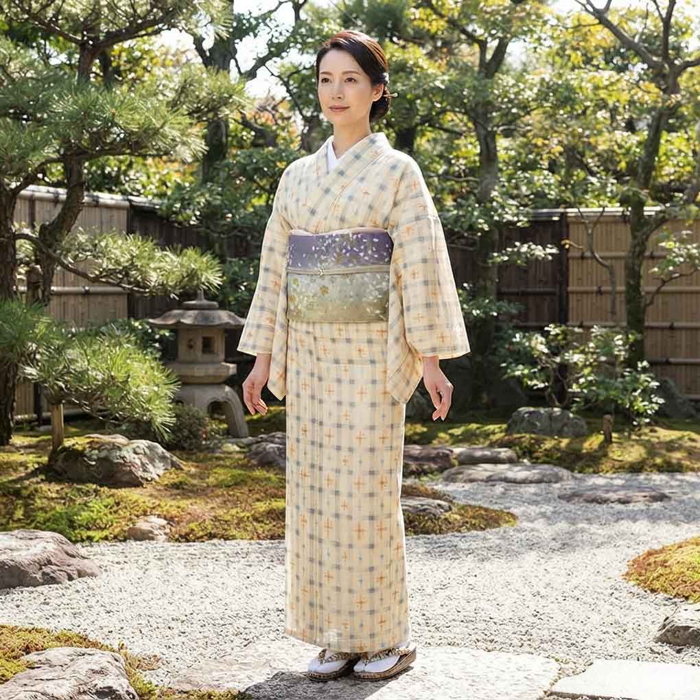 紬 リサイクル着物 身丈159cm 裄64cm 前幅25cm 後幅30cm 袖丈45cm 袖幅33.5cm レディース 単衣 絣模様 裄Mサイズ 初夏・初秋用 正絹(シルク)ブラウン 美品 リメイク リユース【ランクA】