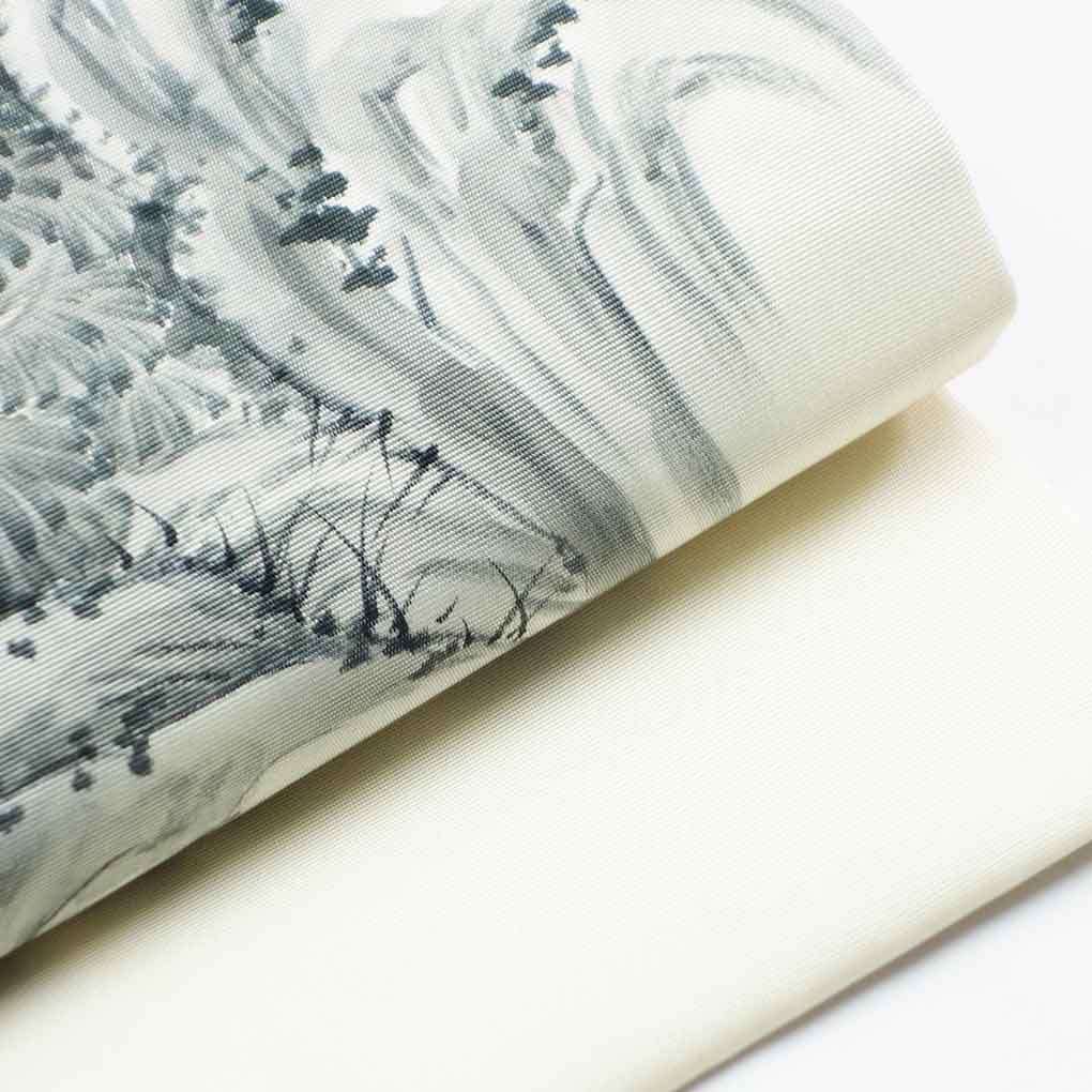 名古屋帯 リサイクル帯 幅30cm 長さ353cm レディース 風景画 秋冬春用 正絹（シルク）ホワイト 美品 塩瀬 リメイク リユース【ランクA】
