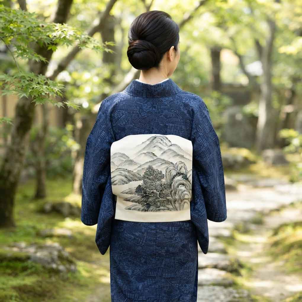 名古屋帯 リサイクル帯 幅30cm 長さ353cm レディース 風景画 秋冬春用 正絹（シルク）ホワイト 美品 塩瀬 リメイク リユース【ランクA】