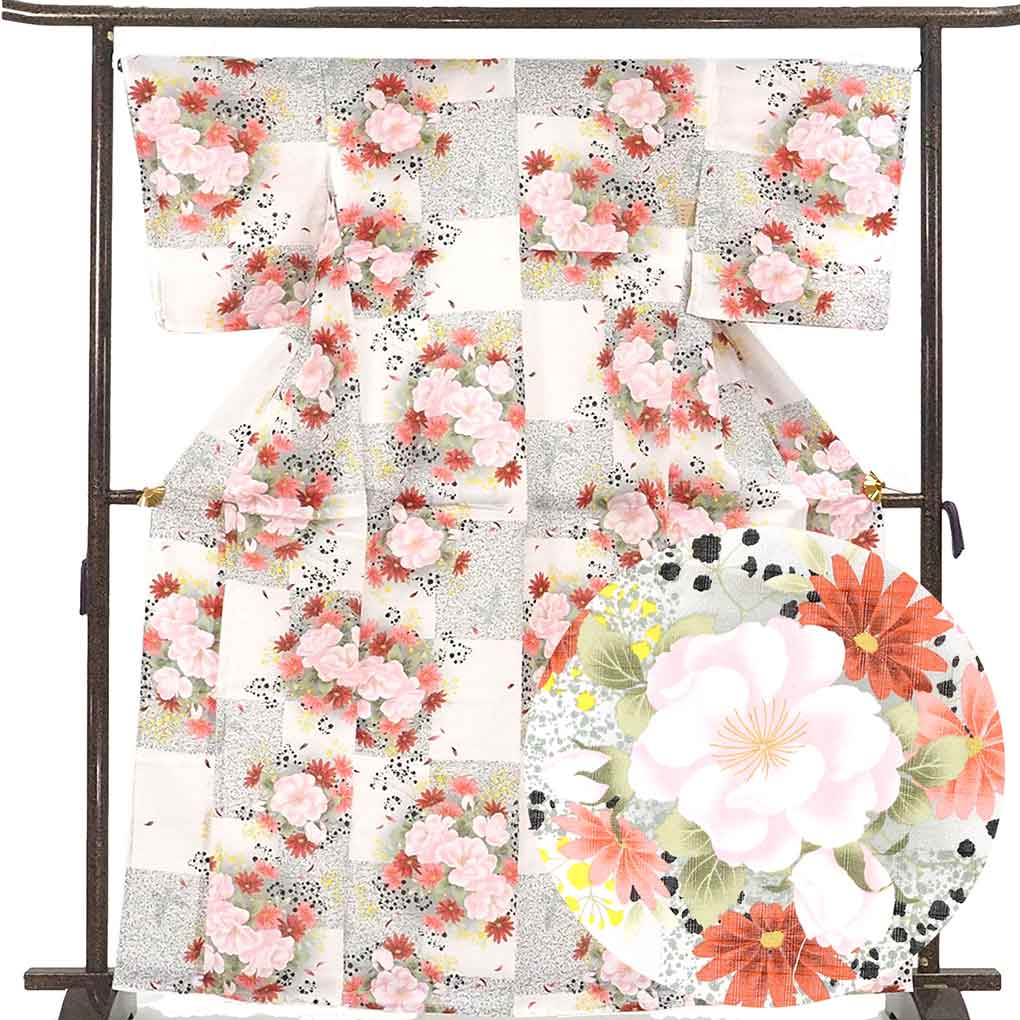 浴衣 リサイクル着物 身丈166cm 裄67.5cm 前幅24cm 後幅30cm 袖丈50cm 袖幅34cm レディース 花柄 裄長 裄Lサイズ 夏用 木綿 ホワイト トールサイズ 未使用品 リメイク リユース【ランクS】