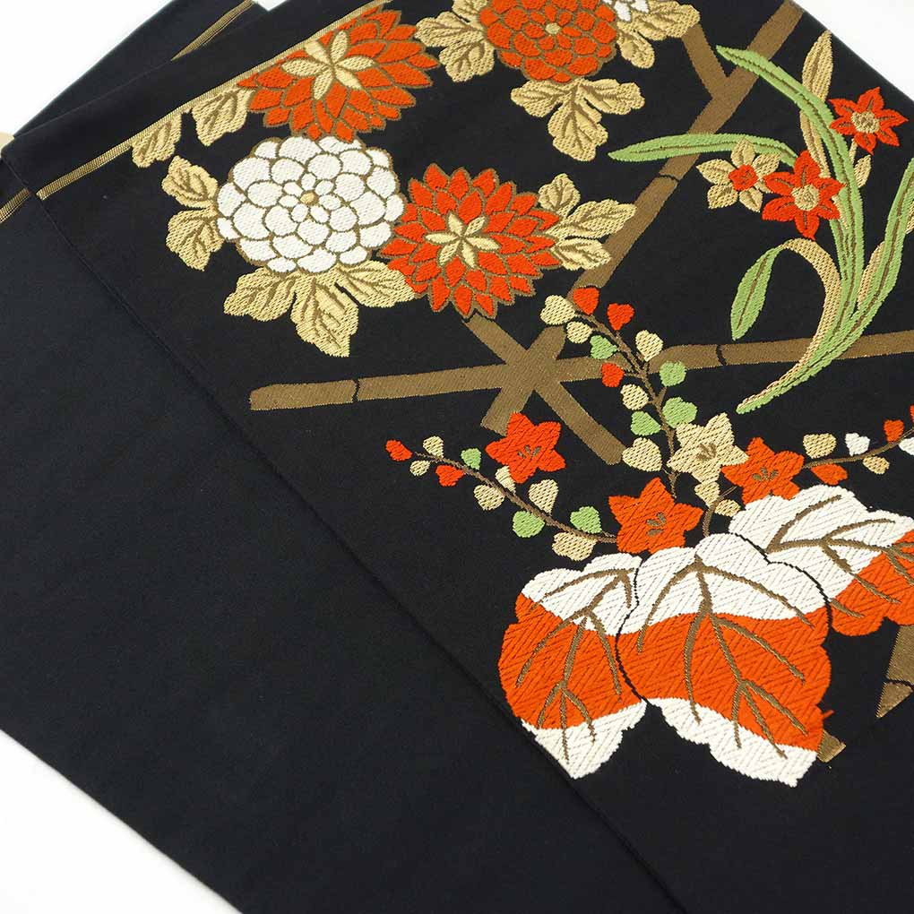 袋帯 リサイクル帯 幅30cm 長さ423cm レディース 花柄 秋冬春用 正絹（シルク）ブラック 美品 リメイク リユース【ランクA】