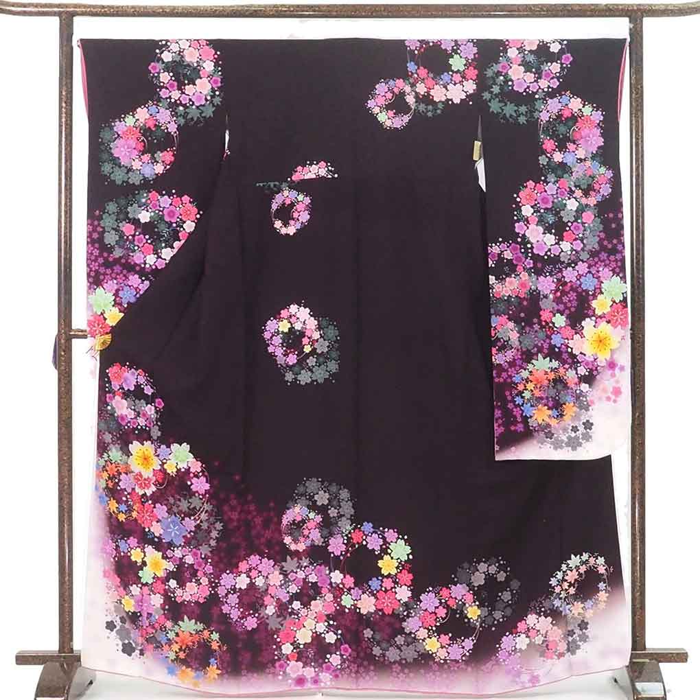 振袖 リサイクル着物 身丈168cm 裄66cm 前幅24cm 後幅30cm 袖丈107cm 袖幅34cm レディース 袷 花柄 裄長 裄M-Lサイズ 秋冬春用 正絹（シルク）パープル トールサイズ 美品 リメイク リユース【ランクA】