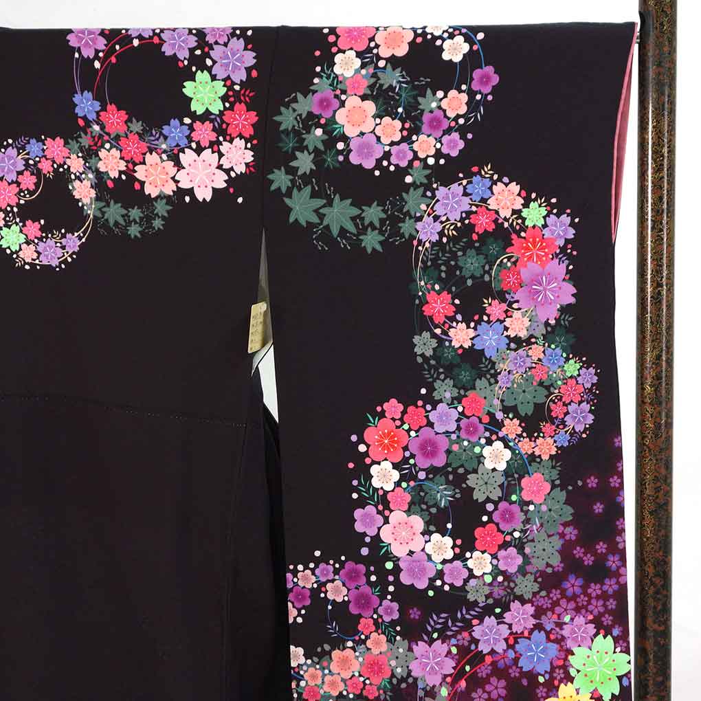 振袖 リサイクル着物 身丈168cm 裄66cm 前幅24cm 後幅30cm 袖丈107cm 袖幅34cm レディース 袷 花柄 裄長 裄M-Lサイズ 秋冬春用 正絹（シルク）パープル トールサイズ 美品 リメイク リユース【ランクA】