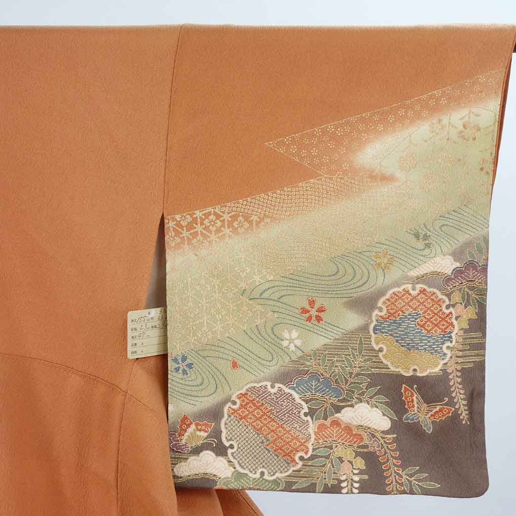 訪問着 リサイクル着物 身丈155cm 裄63cm 前幅23cm 後幅29cm 袖丈47cm 袖幅31cm レディース 袷 雪輪 裄Mサイズ 秋冬春用 正絹（シルク）ブラウン 美品 リメイク リユース【ランクA】