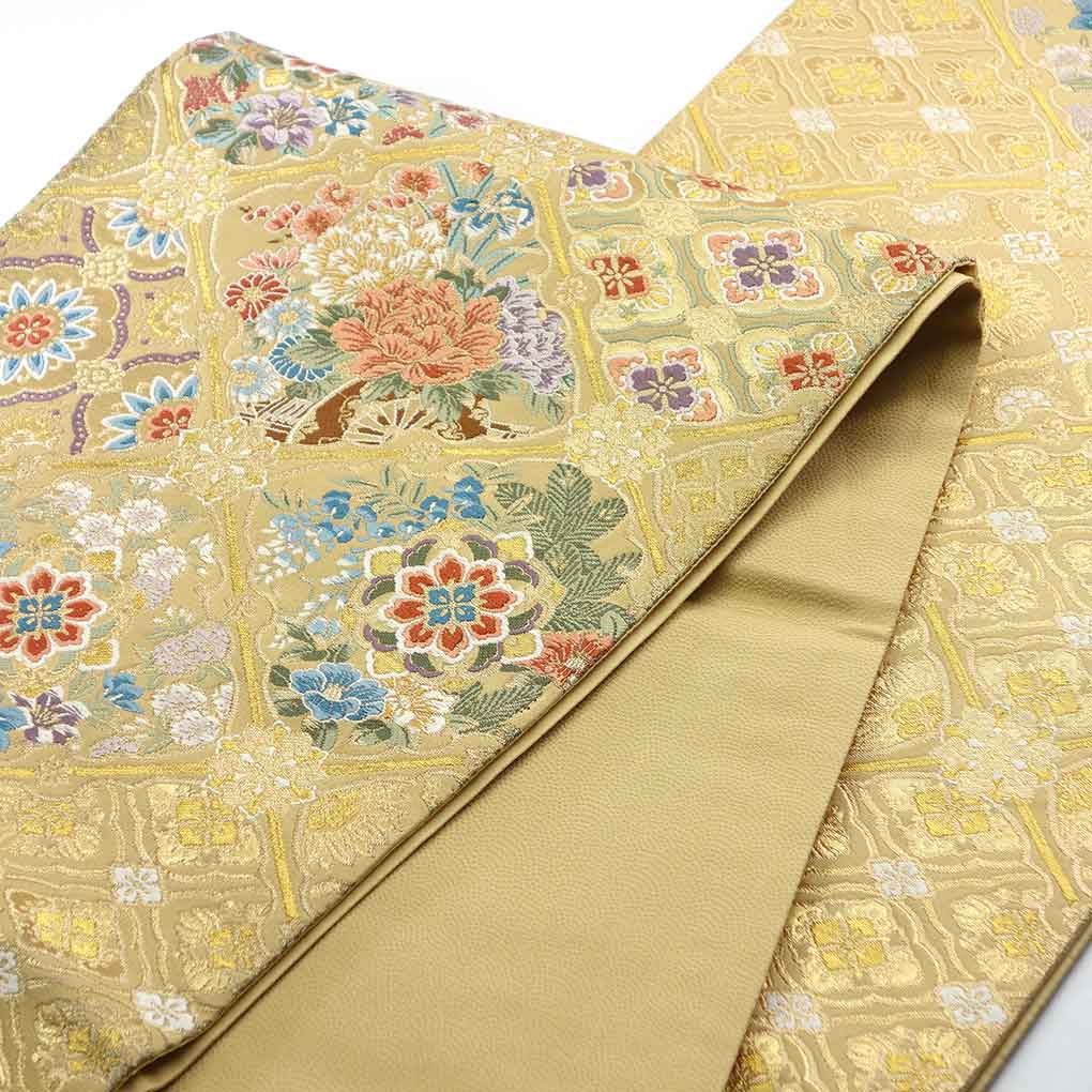 袋帯 リサイクル帯 幅30.5cm 長さ432cm レディース 花柄 秋冬春用 正絹(シルク)ゴールド 美品 リメイク リユース【ランクA】