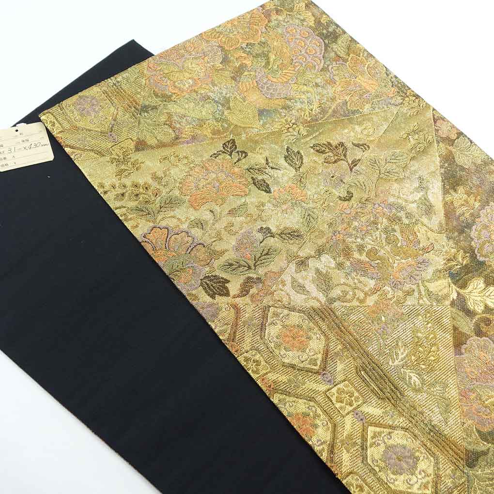 袋帯 リサイクル帯 幅31cm 長さ430cm レディース 花柄 秋冬春用 正絹（シルク）ゴールド 美品 リメイク リユース【ランクA】