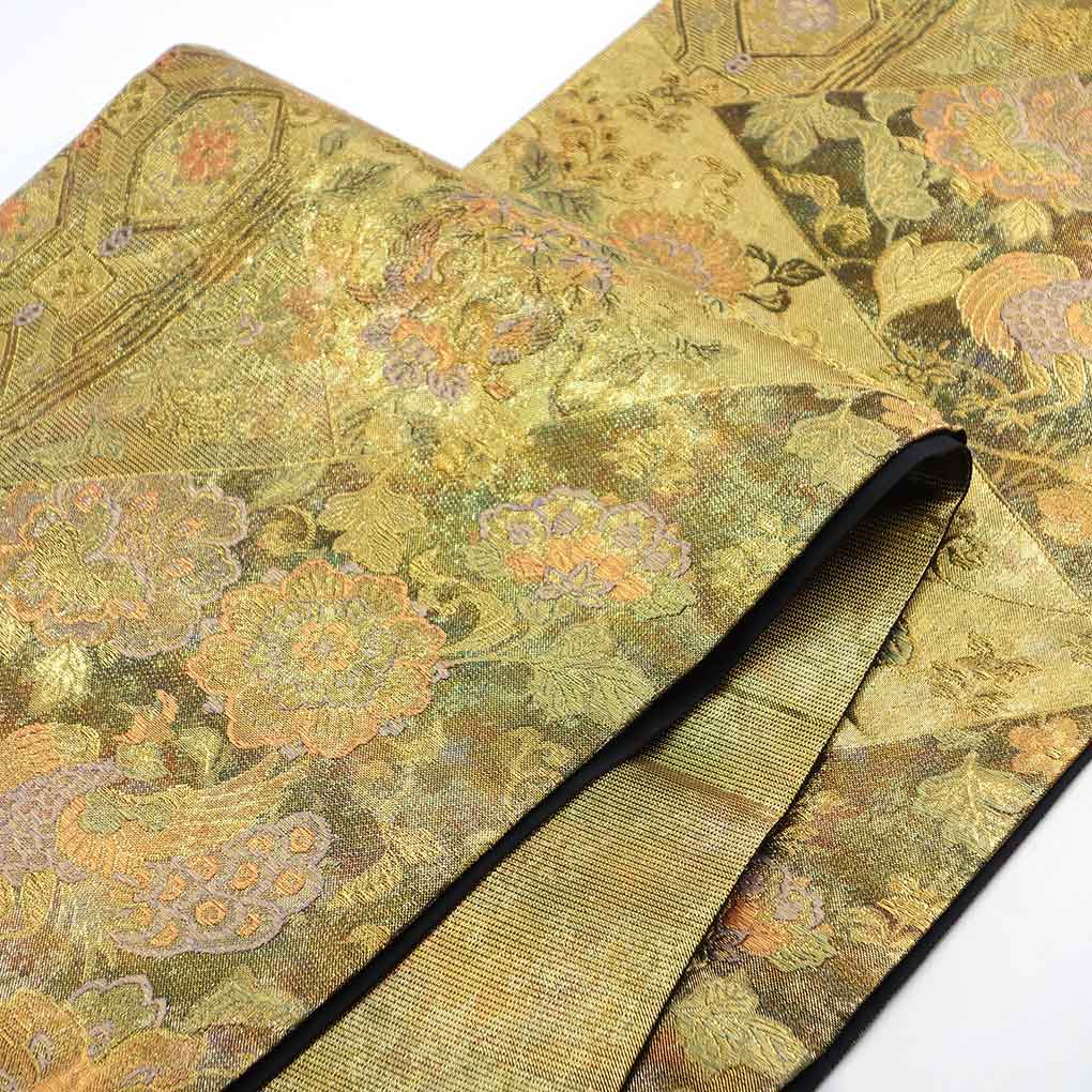 袋帯 リサイクル帯 幅31cm 長さ430cm レディース 花柄 秋冬春用 正絹（シルク）ゴールド 美品 リメイク リユース【ランクA】
