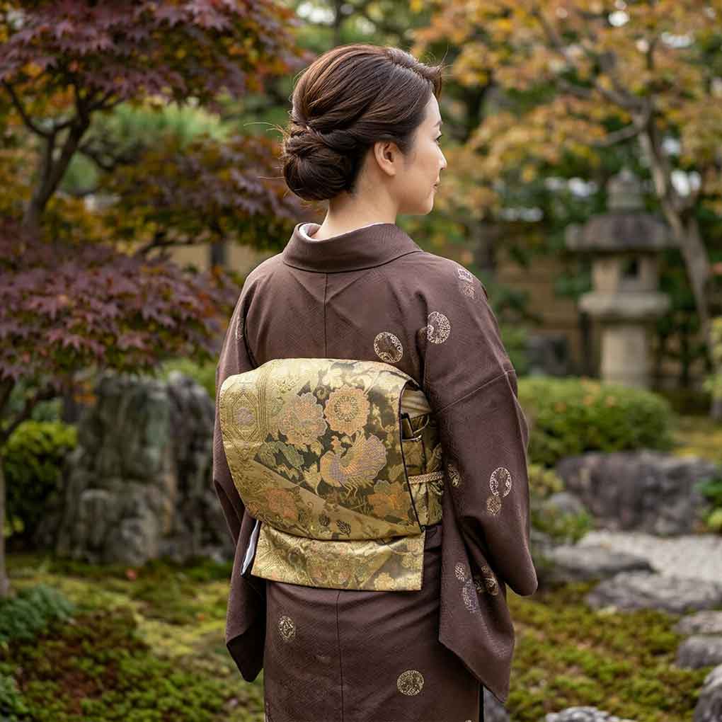 袋帯 リサイクル帯 幅31cm 長さ430cm レディース 花柄 秋冬春用 正絹（シルク）ゴールド 美品 リメイク リユース【ランクA】