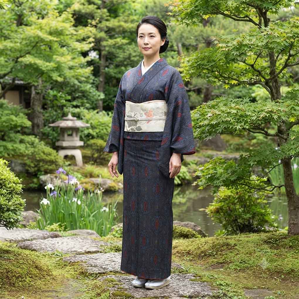 紬 リサイクル着物 身丈160cm 裄63cm 前幅23cm 後幅29cm 袖丈49cm 袖幅32.5cm レディース 袷 連続模様 裄Mサイズ 秋冬春用 正絹（シルク）ブラック やや難 リメイク リユース【ランクB】