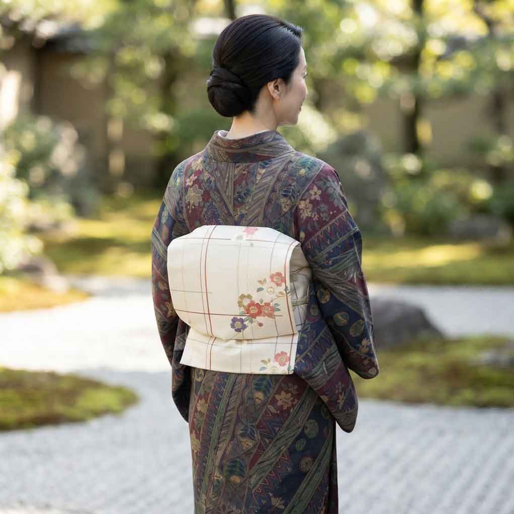 名古屋帯 リサイクル帯 幅30.5cm 長さ357cm レディース 花柄 秋冬春用 正絹（シルク）ホワイト 美品 リメイク リユース【ランクA】