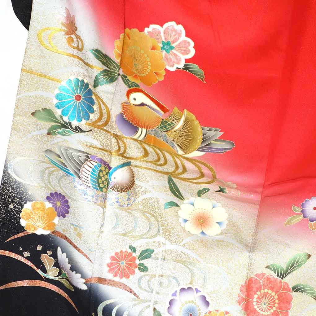 リサイクル 振袖 着物 身丈168cm 裄67cm 前幅24cm 後幅30cm 袖丈105cm 袖幅35cm レディース 袷 鴛鴦 裄長 裄Lサイズ 秋冬春用 正絹（シルク）赤地 トールサイズ 美品 リサイクル リメイク リユース【ランクA】