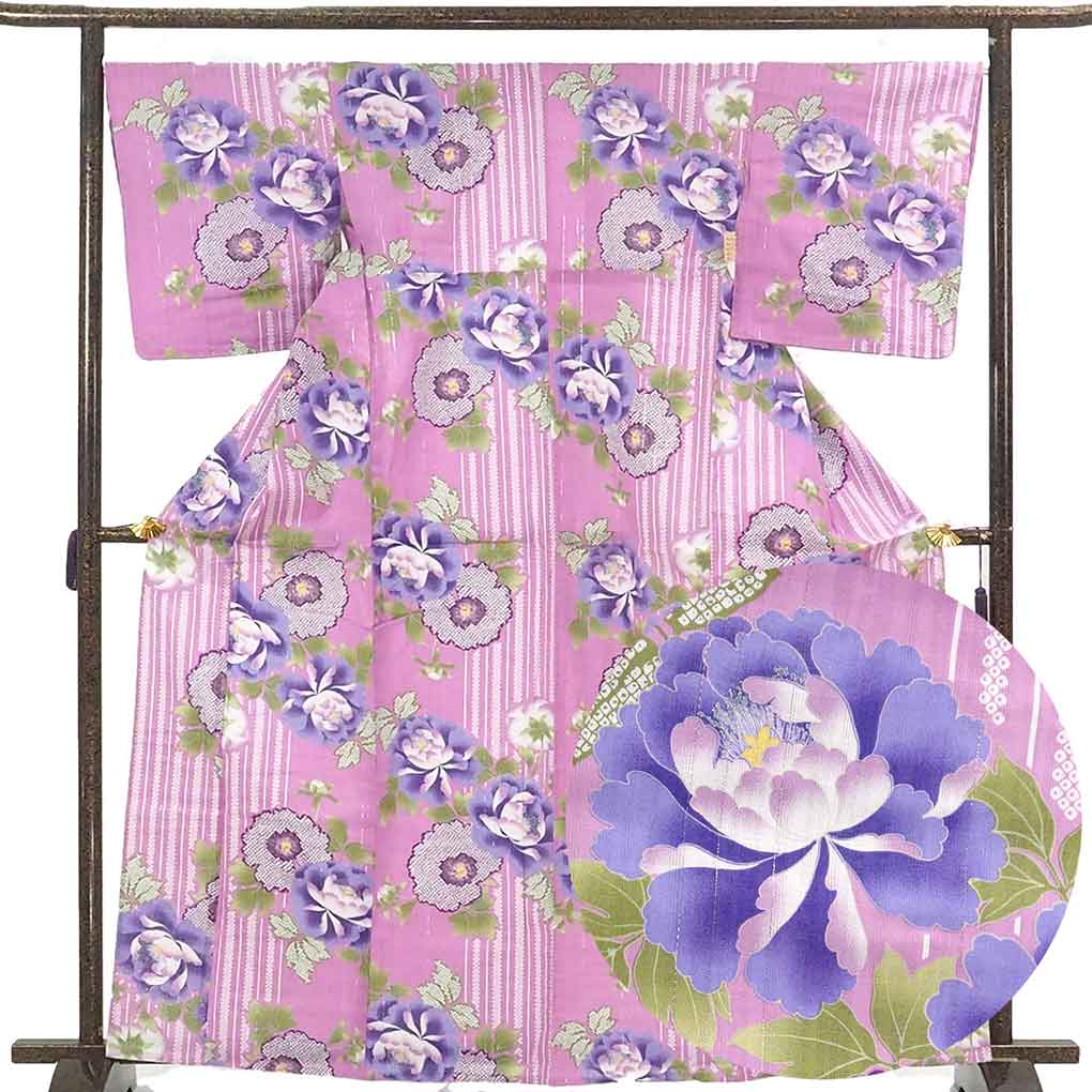 浴衣 リサイクル着物 身丈166cm 裄68cm 前幅25cm 後幅30cm 袖丈49cm 袖幅34cm レディース 花柄 裄長 裄Lサイズ 夏用 木綿 パープル トールサイズ 未使用品 リメイク リユース【ランクS】