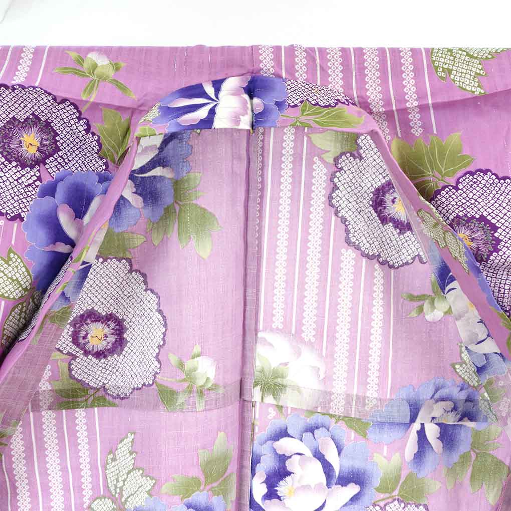 浴衣 リサイクル着物 身丈166cm 裄68cm 前幅25cm 後幅30cm 袖丈49cm 袖幅34cm レディース 花柄 裄長 裄Lサイズ 夏用 木綿 パープル トールサイズ 未使用品 リメイク リユース【ランクS】