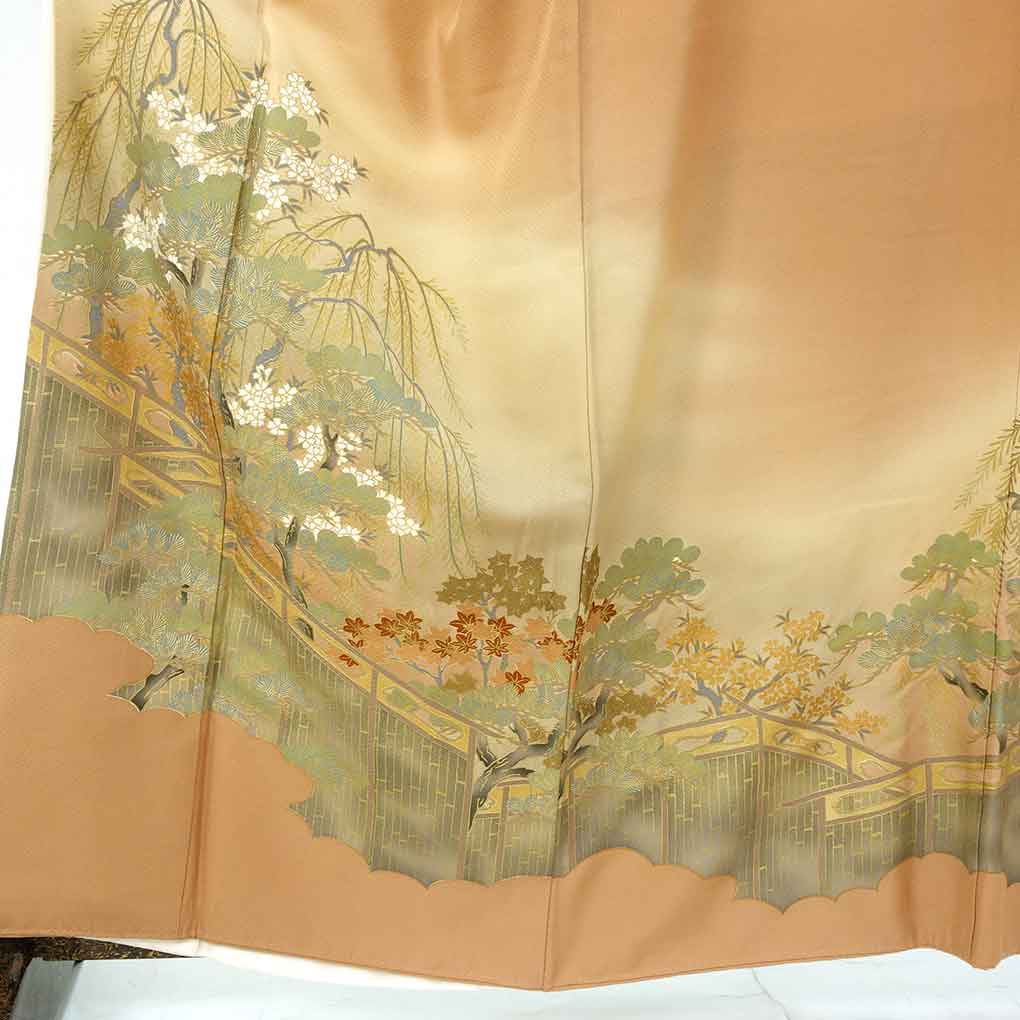 色留袖 リサイクル着物 身丈162cm 裄69cm 前幅26cm 後幅33cm 袖丈50cm 袖幅34.5cm レディース 袷 花柄 裄長 裄L-LLサイズ 秋冬春用 正絹（シルク）ブラウン 美品 リメイク リユース【ランクA】