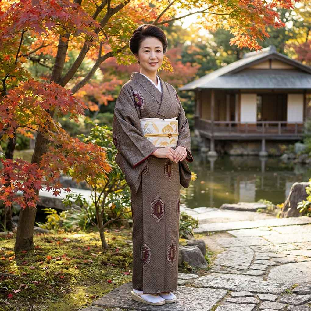 紬 リサイクル着物 身丈155cm 裄65cm 前幅26cm 後幅30cm 袖丈47cm 袖幅33cm レディース 袷 連続模様 裄Mサイズ 秋冬春用 正絹(シルク)ブラウン 美品 リメイク リユース【ランクA】