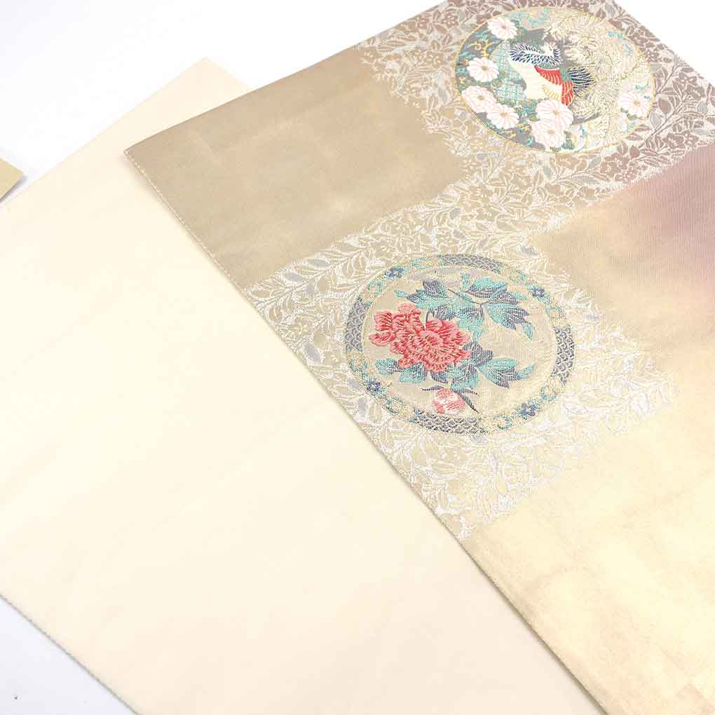 袋帯 リサイクル帯 幅31cm 長さ440cm レディース 花柄 秋冬春用 正絹（シルク）ゴールド 美品 リメイク リユース【ランクA】