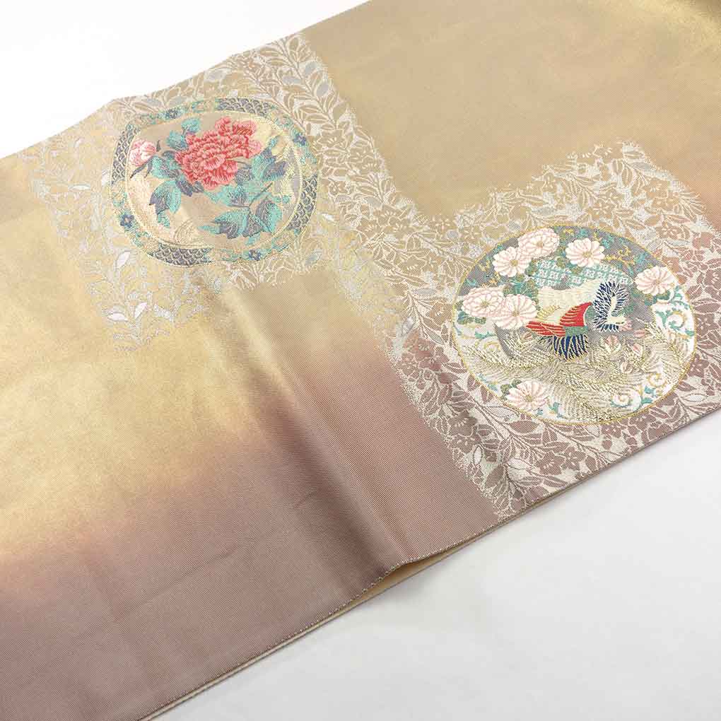 袋帯 リサイクル帯 幅31cm 長さ440cm レディース 花柄 秋冬春用 正絹（シルク）ゴールド 美品 リメイク リユース【ランクA】