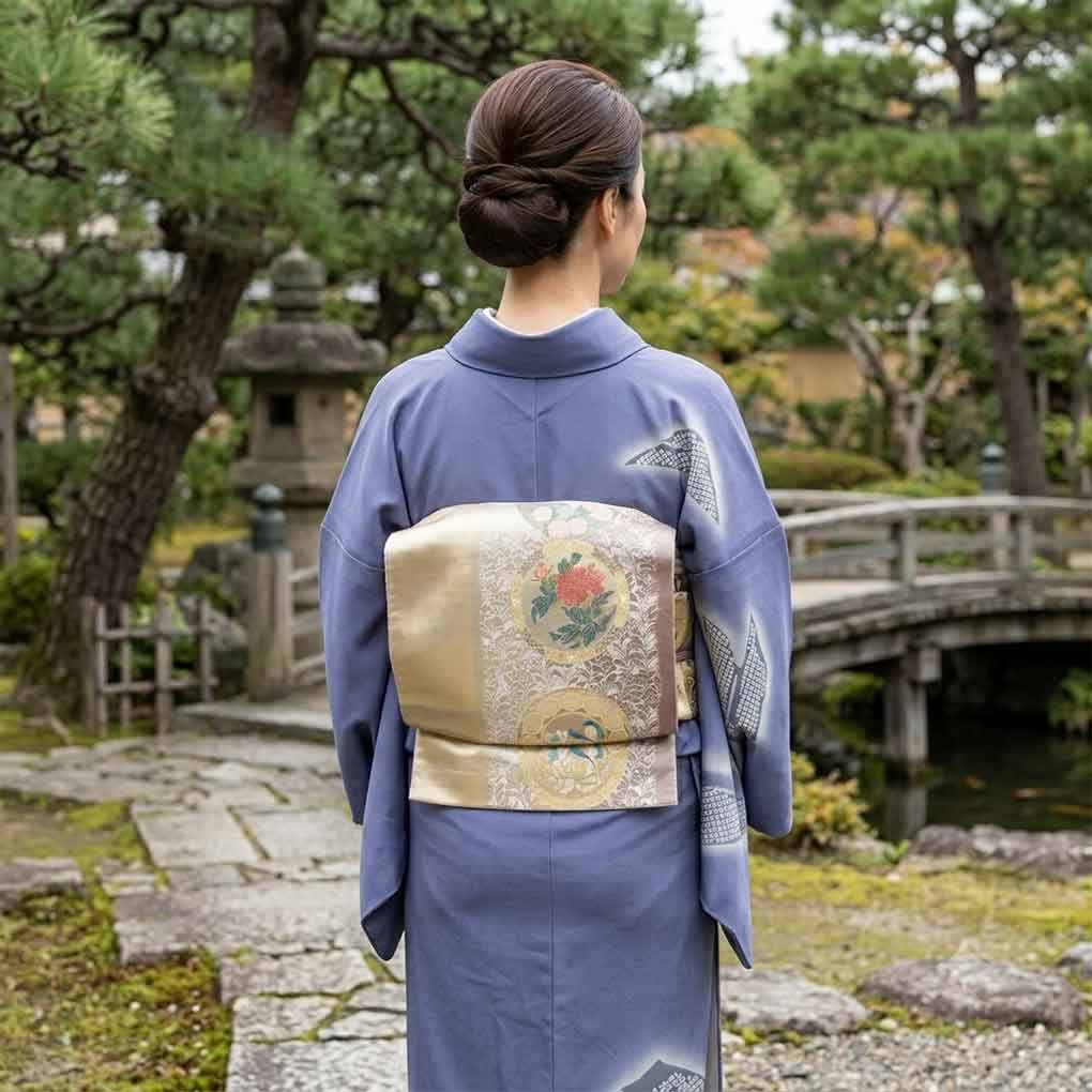 袋帯 リサイクル帯 幅31cm 長さ440cm レディース 花柄 秋冬春用 正絹（シルク）ゴールド 美品 リメイク リユース【ランクA】
