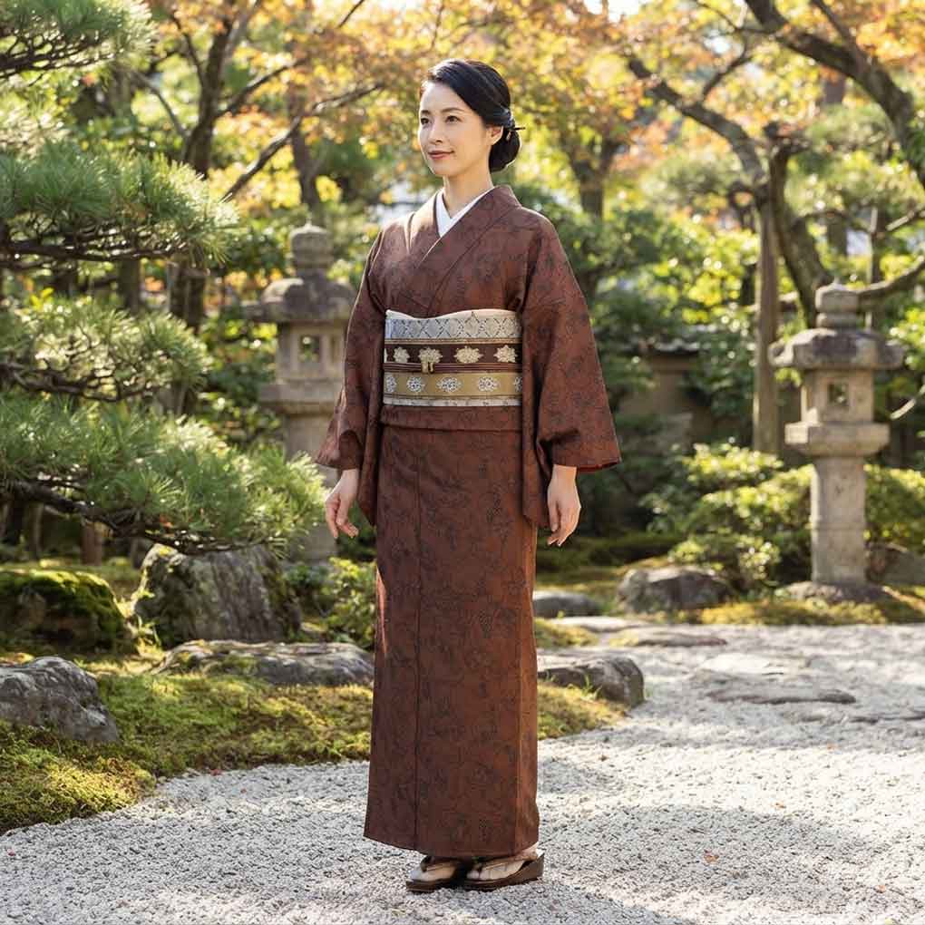紬 リサイクル着物 身丈153cm 裄62cm 前幅23cm 後幅28cm 袖丈45cm 袖幅32cm レディース 袷 葡萄 裄Sサイズ 秋冬春用 正絹(シルク)ブラウン 未使用品 リメイク リユース【ランクS】
