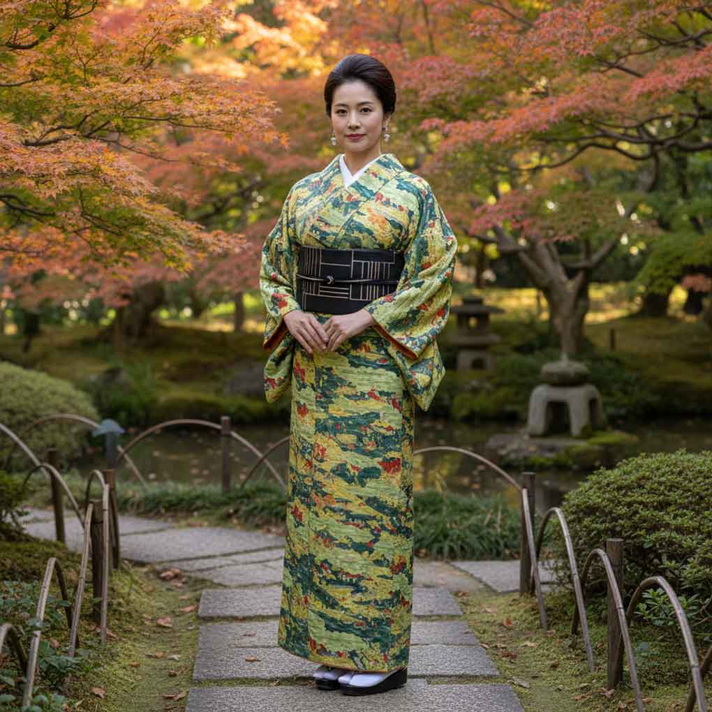 小紋 リサイクル着物 身丈154cm 裄63cm 前幅22.5cm 後幅28cm 袖丈52cm 袖幅32cm レディース 袷 風景画 裄Mサイズ 秋冬春用 正絹（シルク）グリーン 美品 リメイク リユース【ランクA】