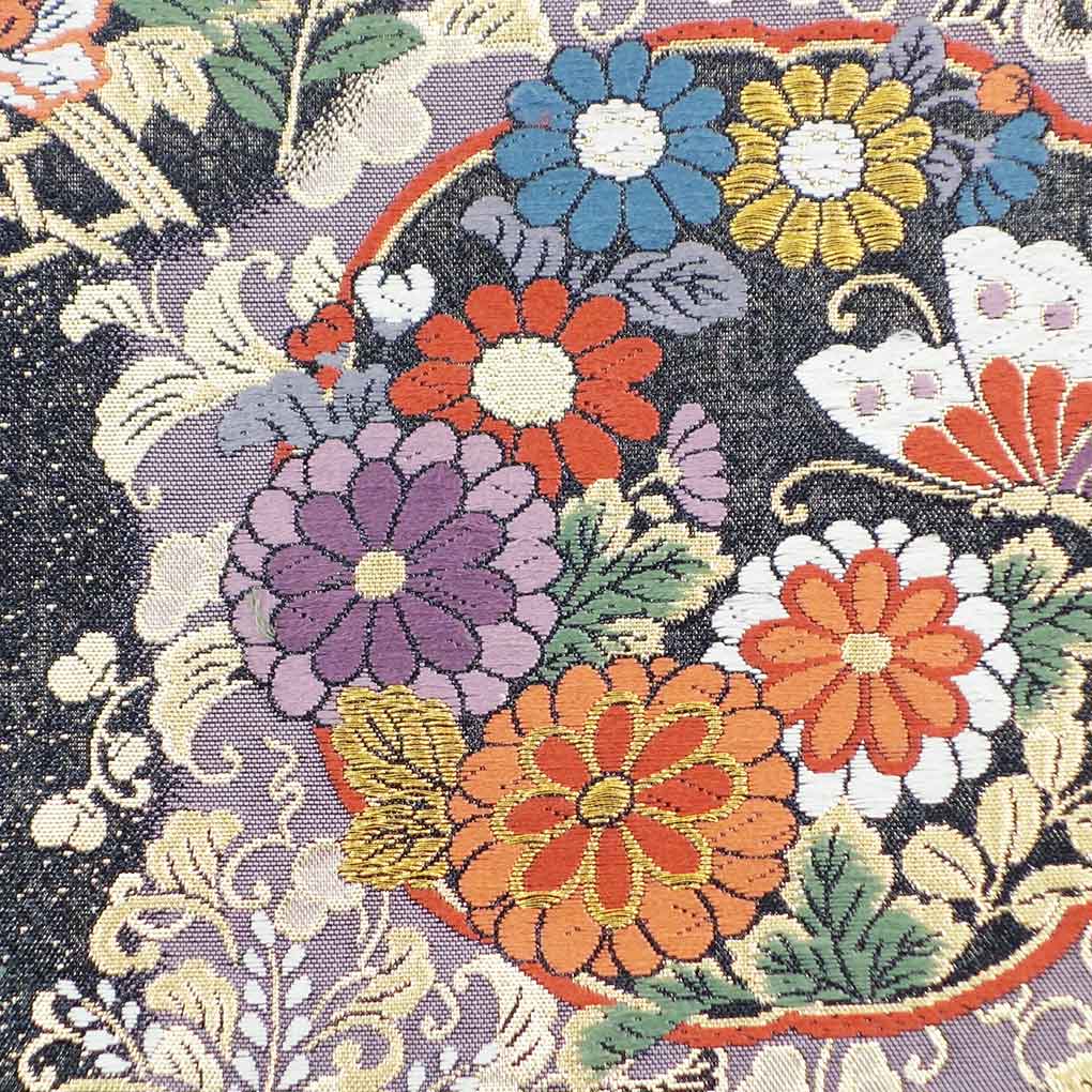 袋帯 リサイクル帯 幅30.5cm 長さ426cm レディース 花柄 秋冬春用 正絹（シルク）ブラック 美品 リメイク リユース【ランクA】
