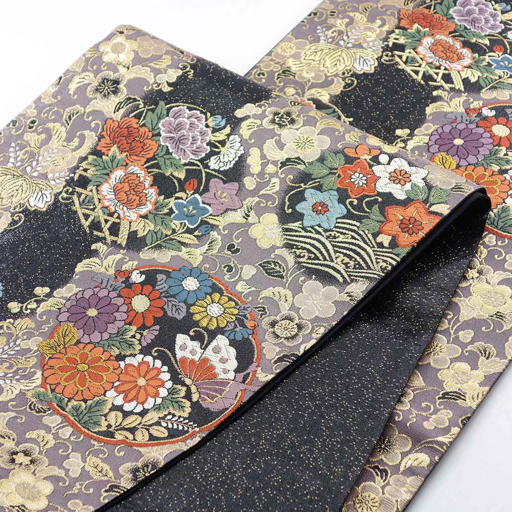 袋帯 リサイクル帯 幅30.5cm 長さ426cm レディース 花柄 秋冬春用 正絹（シルク）ブラック 美品 リメイク リユース【ランクA】