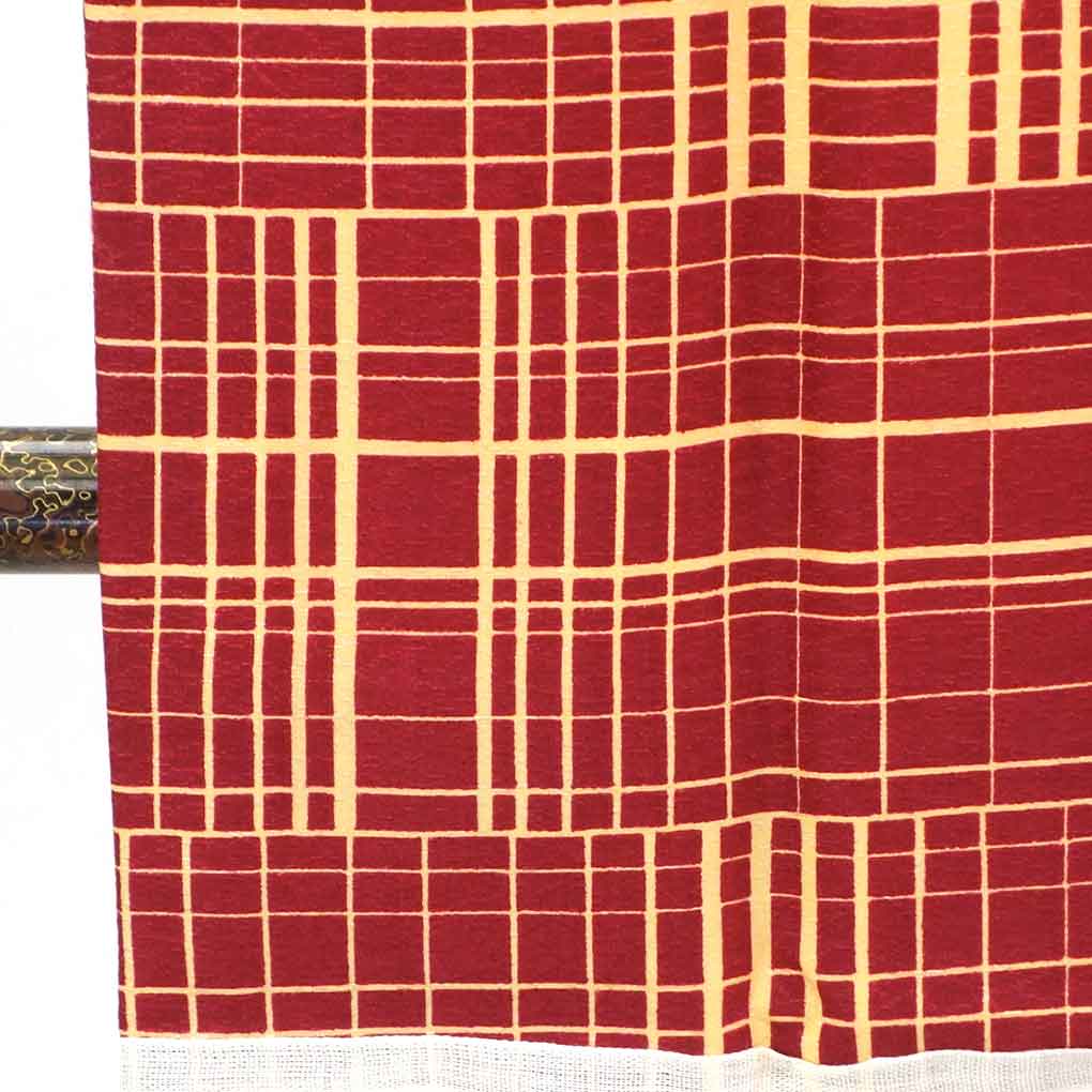 リサイクル着物 道行コート 赤地 連続模様 袷 ポリエステル レディース 秋冬春用 ポリエステル レッド 裄Mサイズ リユース身丈85cm 裄64cm 袖丈48cm【ランクS】