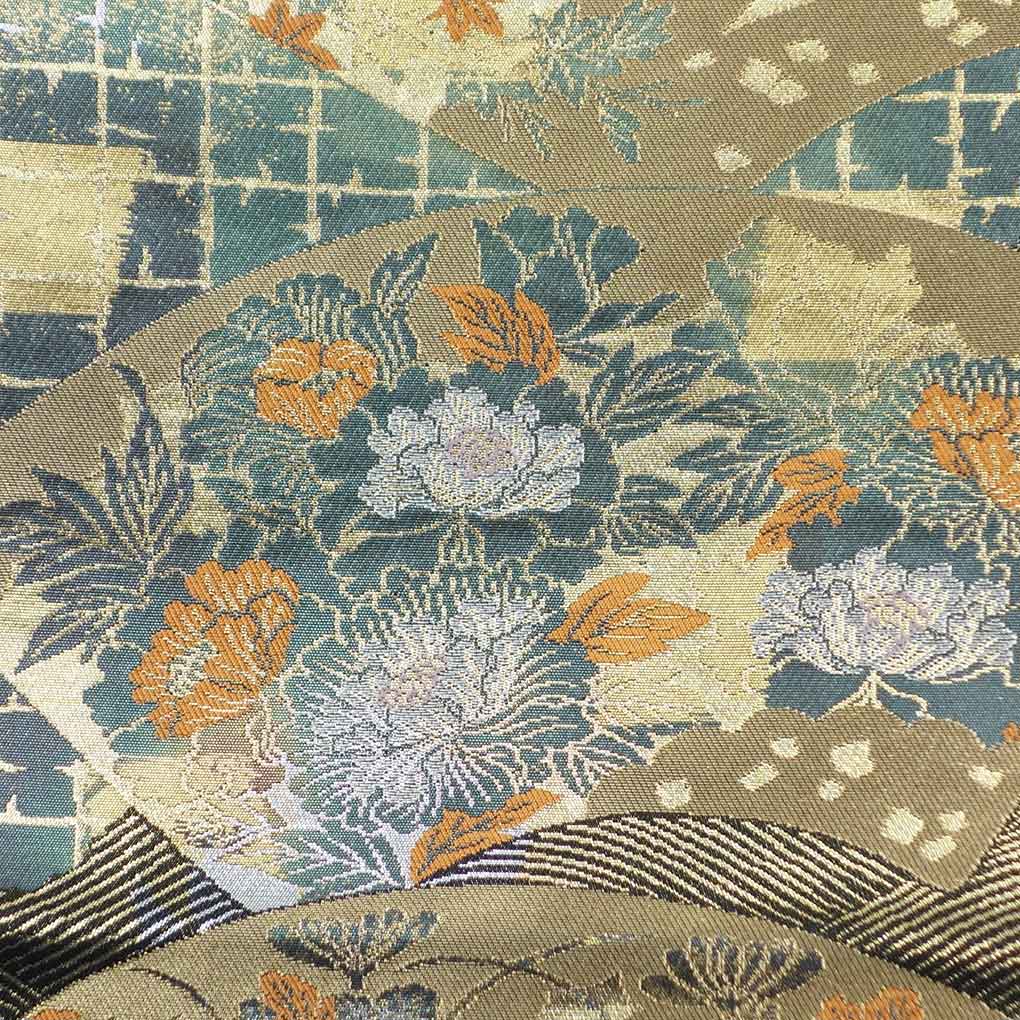 袋帯 リサイクル帯 幅31cm 長さ425cm レディース 扇面 秋冬春用 正絹（シルク）ゴールド 美品 リメイク リユース【ランクA】