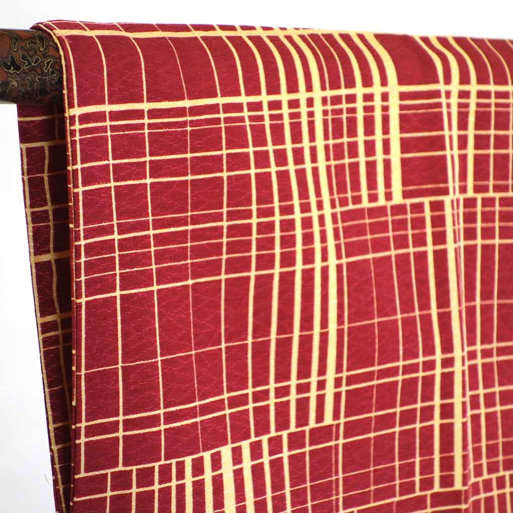 リサイクル着物 道行コート 赤地 連続模様 袷 ポリエステル レディース 秋冬春用 ポリエステル レッド 裄Mサイズ リユース身丈85cm 裄64cm 袖丈48cm【ランクS】