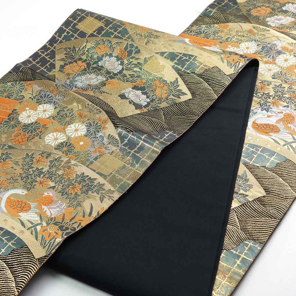 袋帯 リサイクル帯 幅31cm 長さ425cm レディース 扇面 秋冬春用 正絹（シルク）ゴールド 美品 リメイク リユース【ランクA】