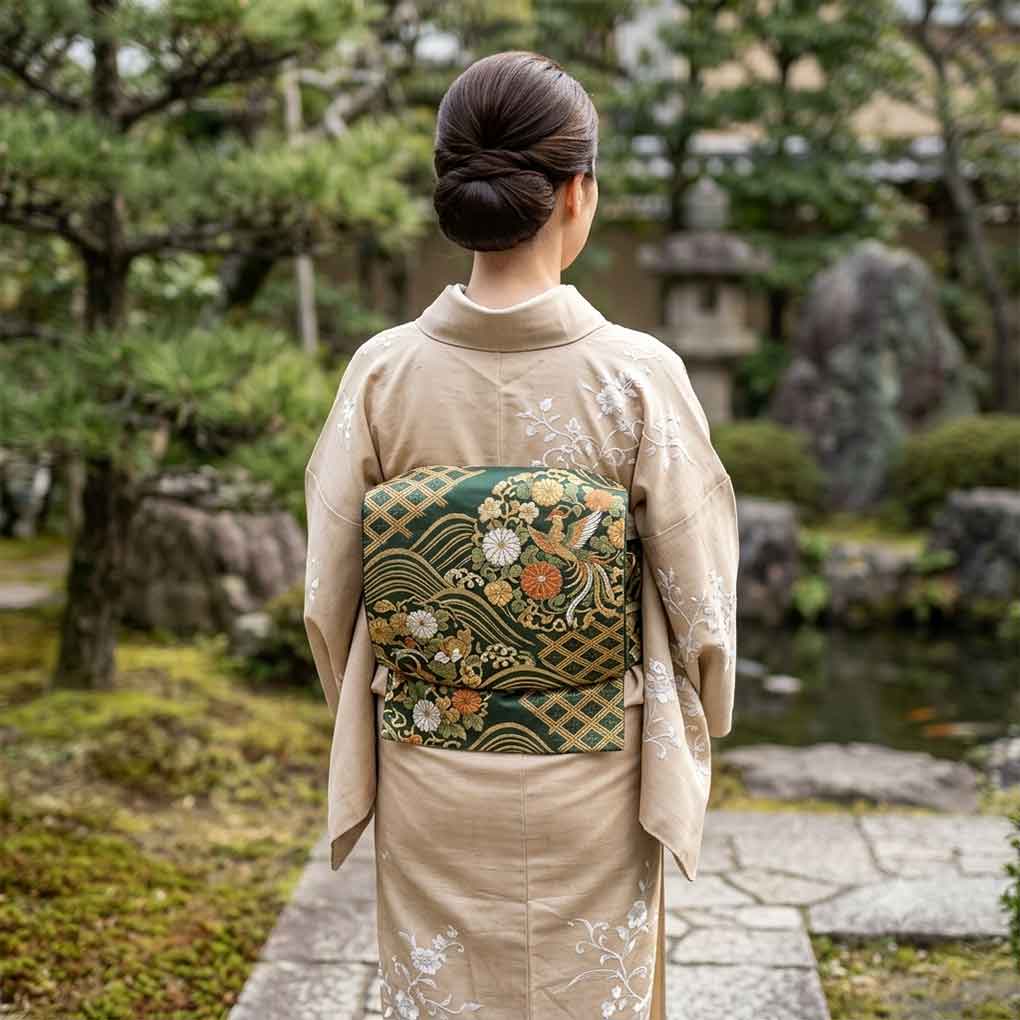 袋帯 リサイクル帯 幅31cm 長さ425cm レディース 扇面 秋冬春用 正絹（シルク）ゴールド 美品 リメイク リユース【ランクA】