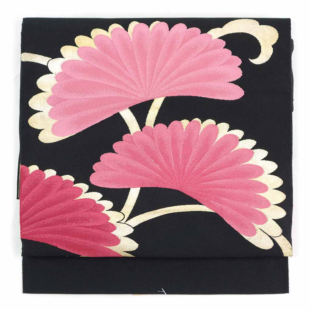 名古屋帯 リサイクル帯 幅30cm 長さ354cm レディース 花柄 秋冬春用 正絹（シルク）ブラック 美品 リメイク リユース【ランクA】