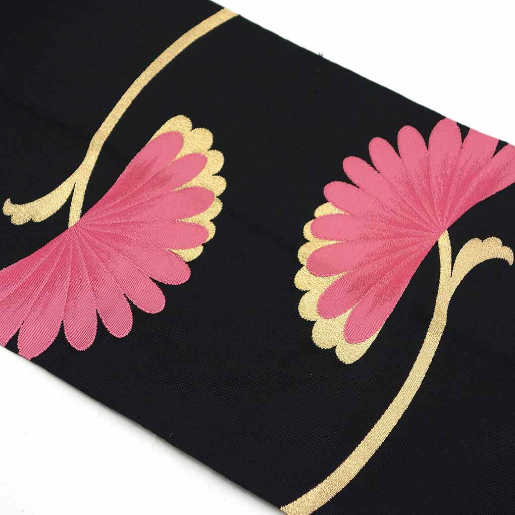 名古屋帯 リサイクル帯 幅30cm 長さ354cm レディース 花柄 秋冬春用 正絹（シルク）ブラック 美品 リメイク リユース【ランクA】