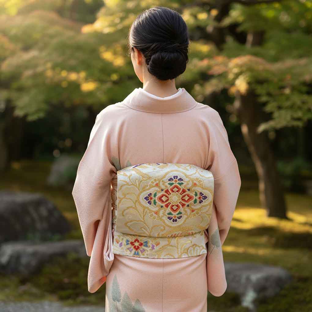袋帯 リサイクル帯 幅31cm 長さ445cm レディース 花菱 秋冬春用 正絹(シルク)ゴールド 美品 リメイク リユース【ランクA】