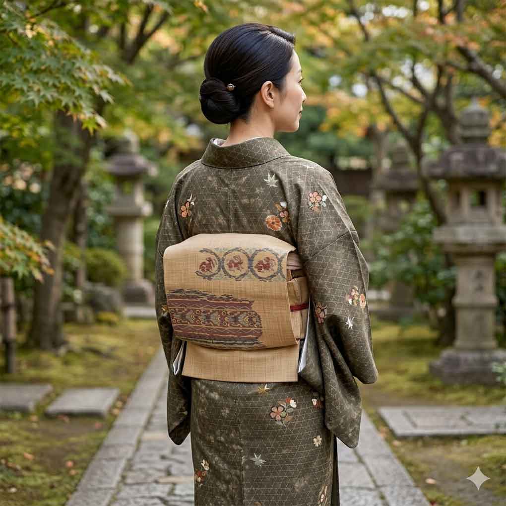 名古屋帯 リサイクル帯 幅30cm 長さ352cm レディース ウサギ 秋冬春用 正絹(シルク)ブラウン 美品 リメイク リユース【ランクA】