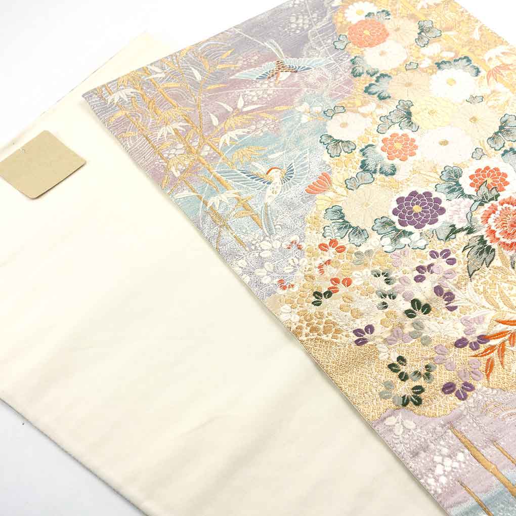 袋帯 リサイクル帯 幅30.5cm 長さ434cm レディース 花柄 秋冬春用 正絹（シルク）ゴールド 美品 リメイク リユース【ランクA】