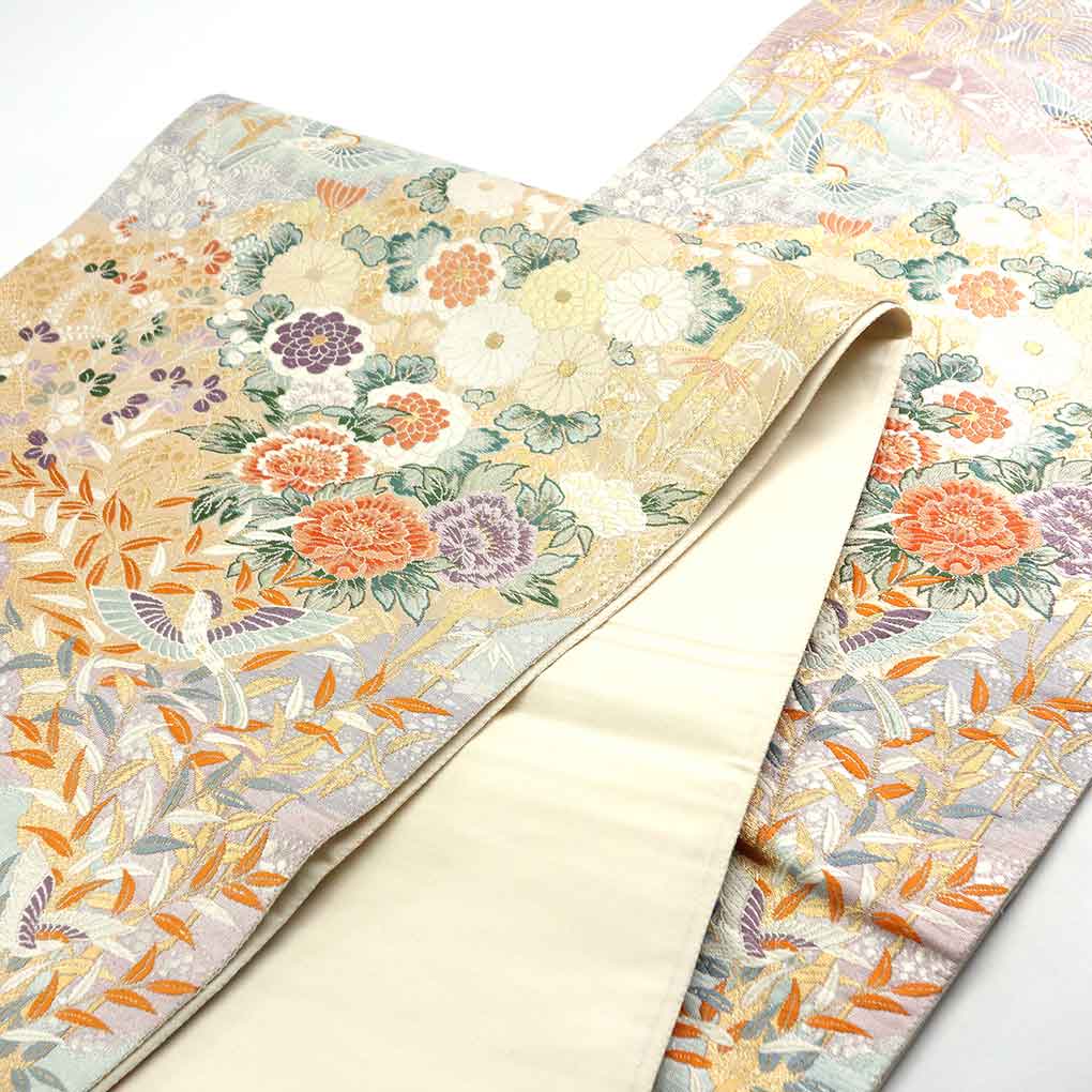 袋帯 リサイクル帯 幅30.5cm 長さ434cm レディース 花柄 秋冬春用 正絹（シルク）ゴールド 美品 リメイク リユース【ランクA】