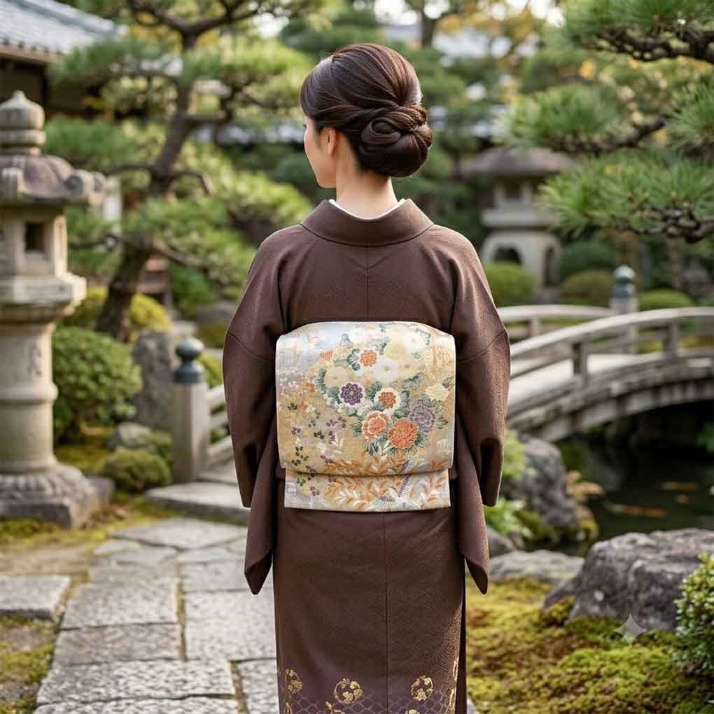 袋帯 リサイクル帯 幅30.5cm 長さ434cm レディース 花柄 秋冬春用 正絹（シルク）ゴールド 美品 リメイク リユース【ランクA】