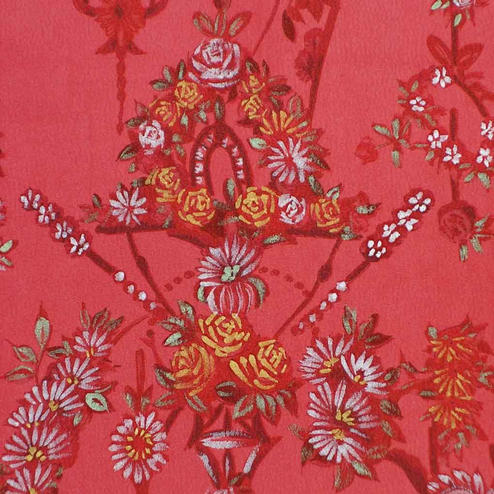 名古屋帯 リサイクル帯 幅29.5cm 長さ370cm レディース 花柄 秋冬春用 正絹（シルク）レッド 美品 リメイク リユース【ランクA】