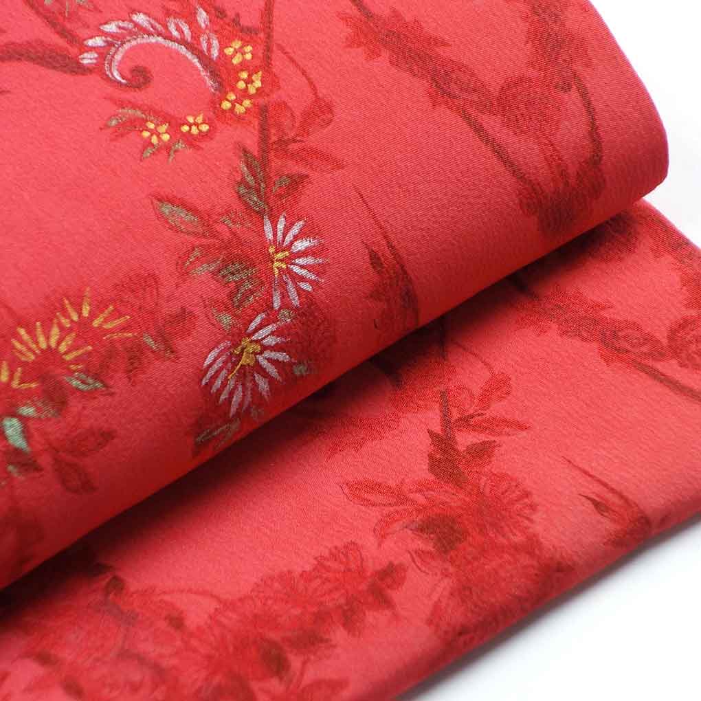 名古屋帯 リサイクル帯 幅29.5cm 長さ370cm レディース 花柄 秋冬春用 正絹（シルク）レッド 美品 リメイク リユース【ランクA】