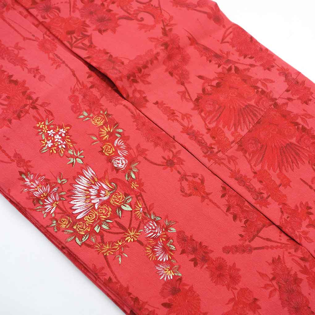 名古屋帯 リサイクル帯 幅29.5cm 長さ370cm レディース 花柄 秋冬春用 正絹（シルク）レッド 美品 リメイク リユース【ランクA】