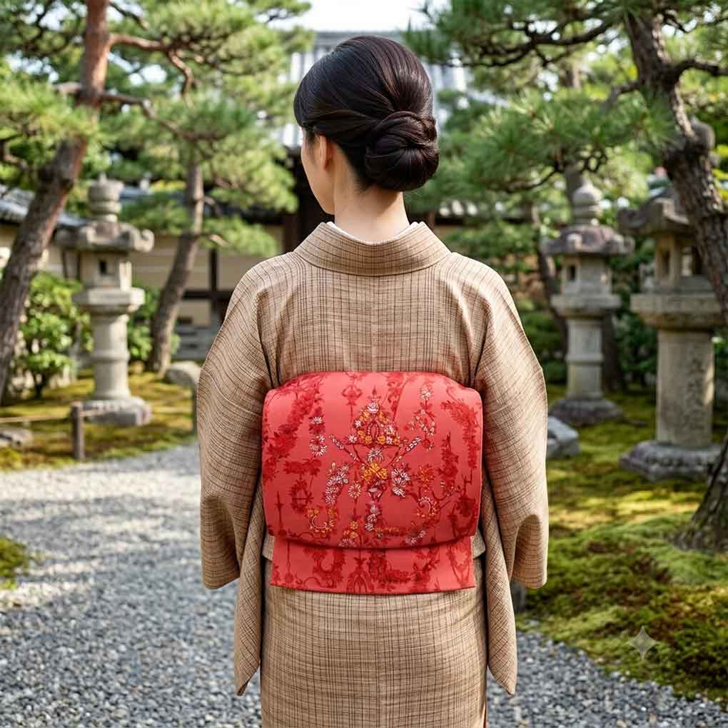 名古屋帯 リサイクル帯 幅29.5cm 長さ370cm レディース 花柄 秋冬春用 正絹（シルク）レッド 美品 リメイク リユース【ランクA】